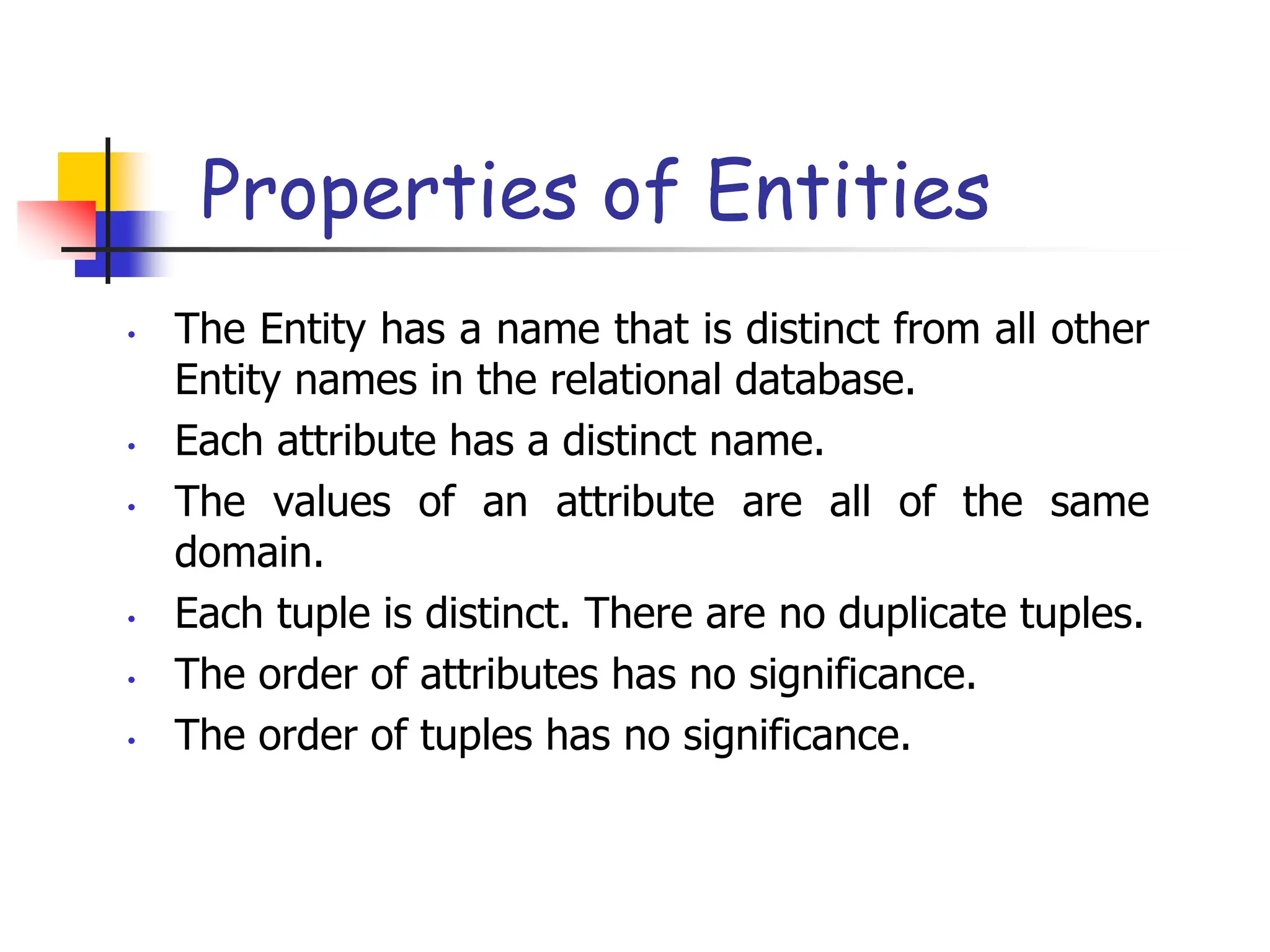 Part # 2
Properties of Entities
• The Entity has a name that is distinct from all other
Entity names in the relational database.
• Each attribute has a distinct name.
• The values of an attribute are all of the same
domain.
• Each tuple is distinct. There are no duplicate tuples.
• The order of attributes has no significance.
• The order of tuples has no significance.
 