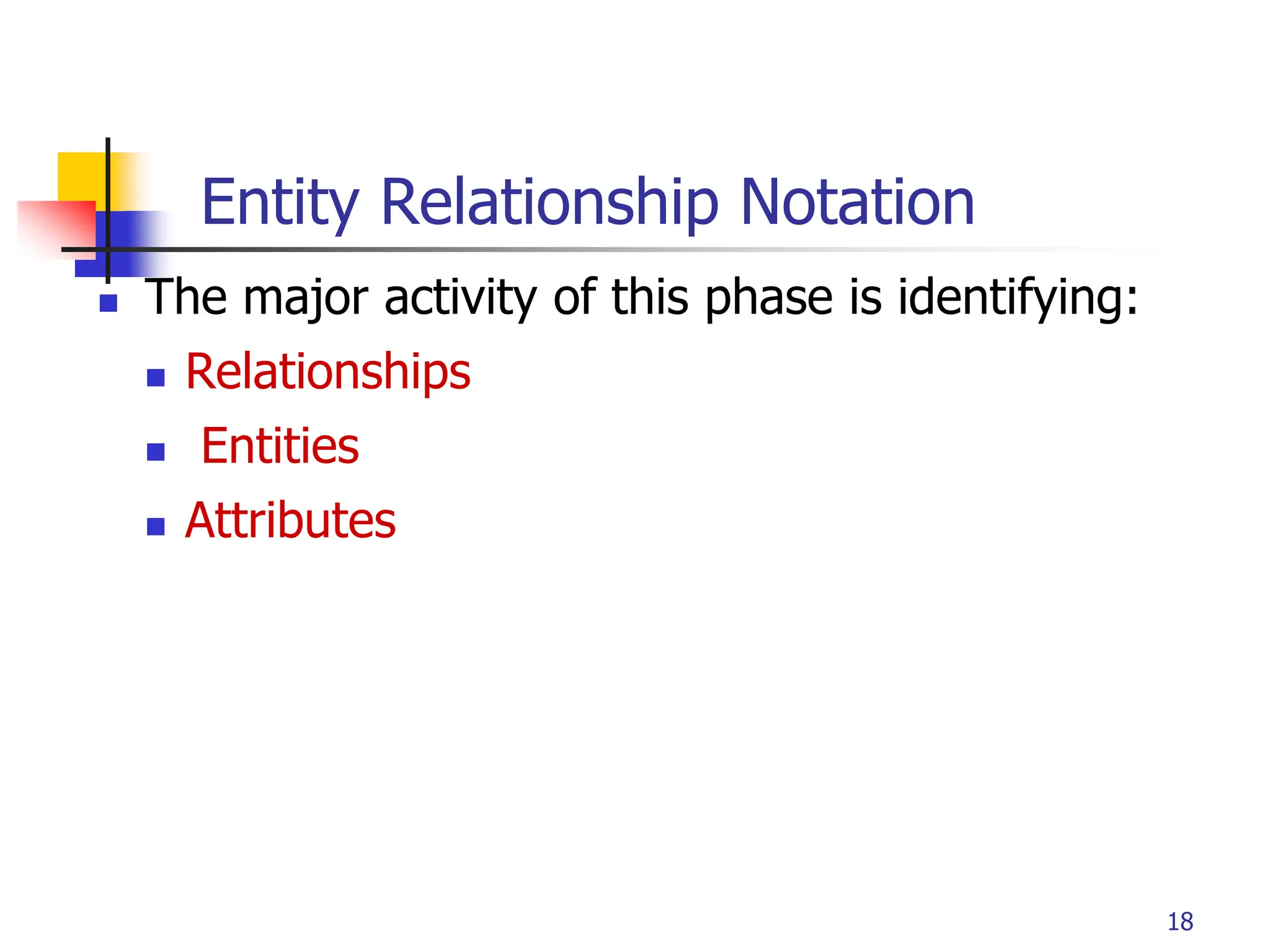 Part # 2
18
 The major activity of this phase is identifying:
 Relationships
 Entities
 Attributes
Entity Relationship Notation
 