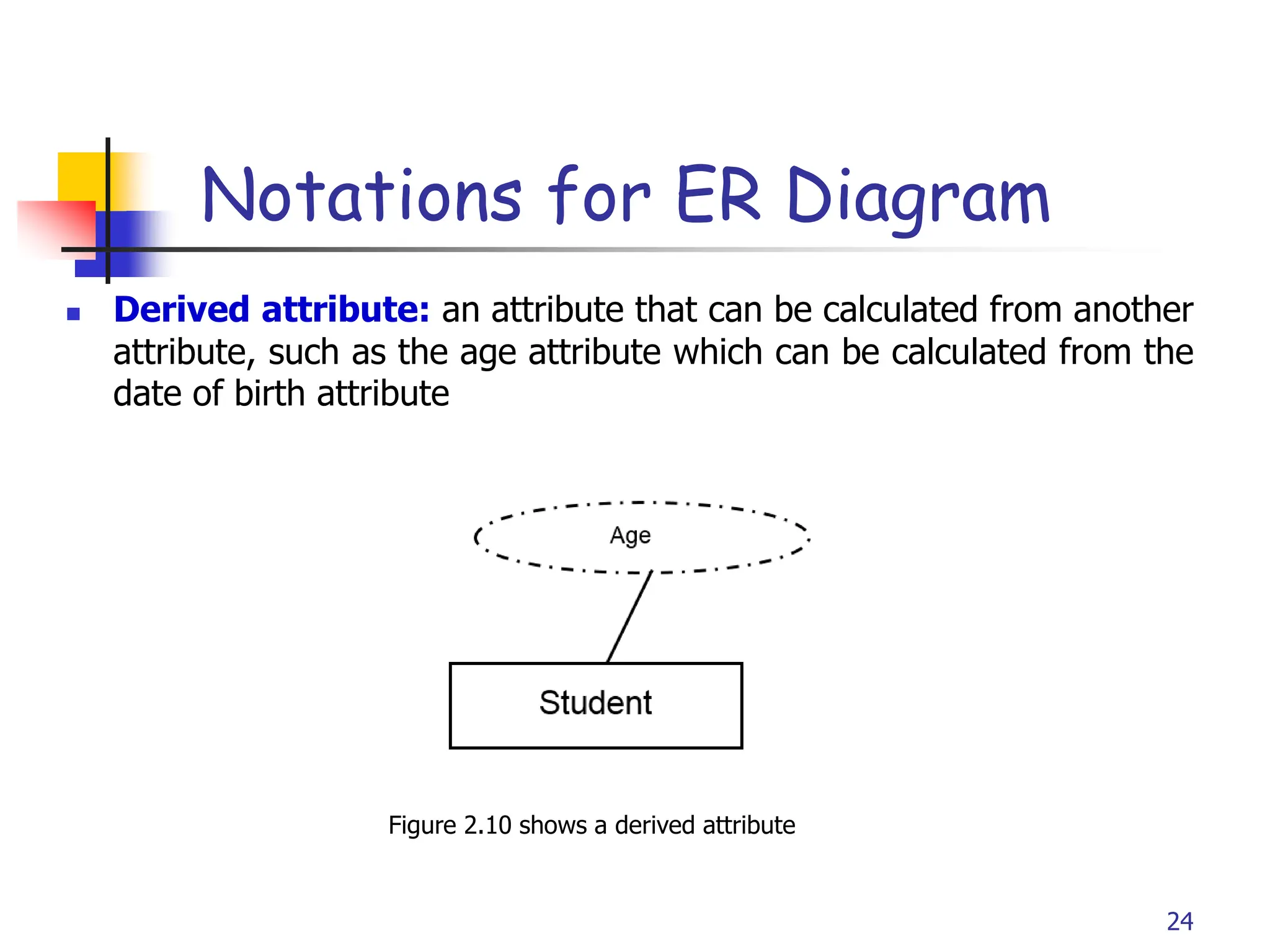 Part # 2
 Derived attribute: an attribute that can be calculated from another
attribute, such as the age attribute which can be calculated from the
date of birth attribute
24
Figure 2.10 shows a derived attribute
Notations for ER Diagram
 