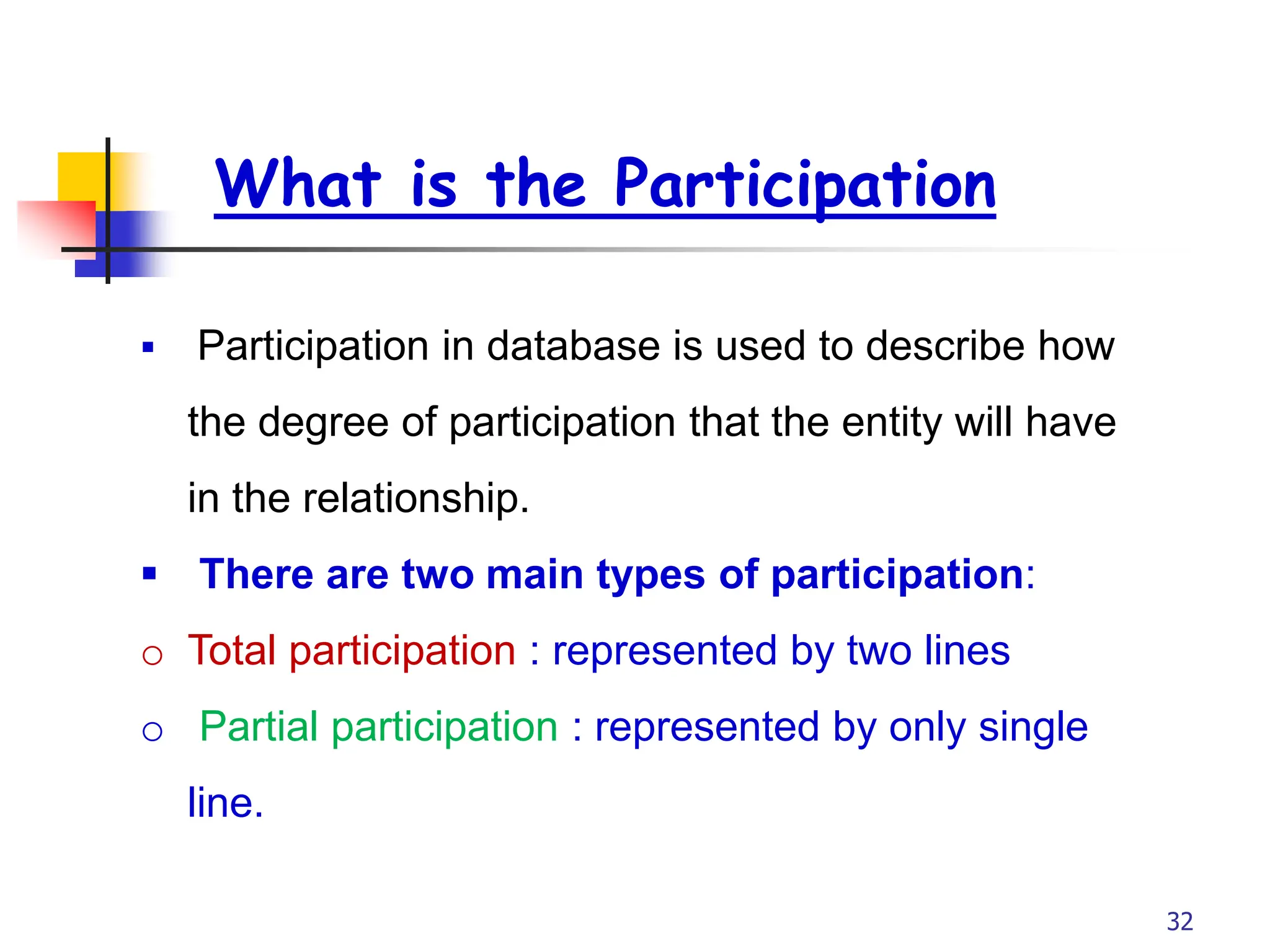 Part # 2
32
What is the Participation
 Participation in database is used to describe how
the degree of participation that the entity will have
in the relationship.
 There are two main types of participation:
o Total participation : represented by two lines
o Partial participation : represented by only single
line.
 