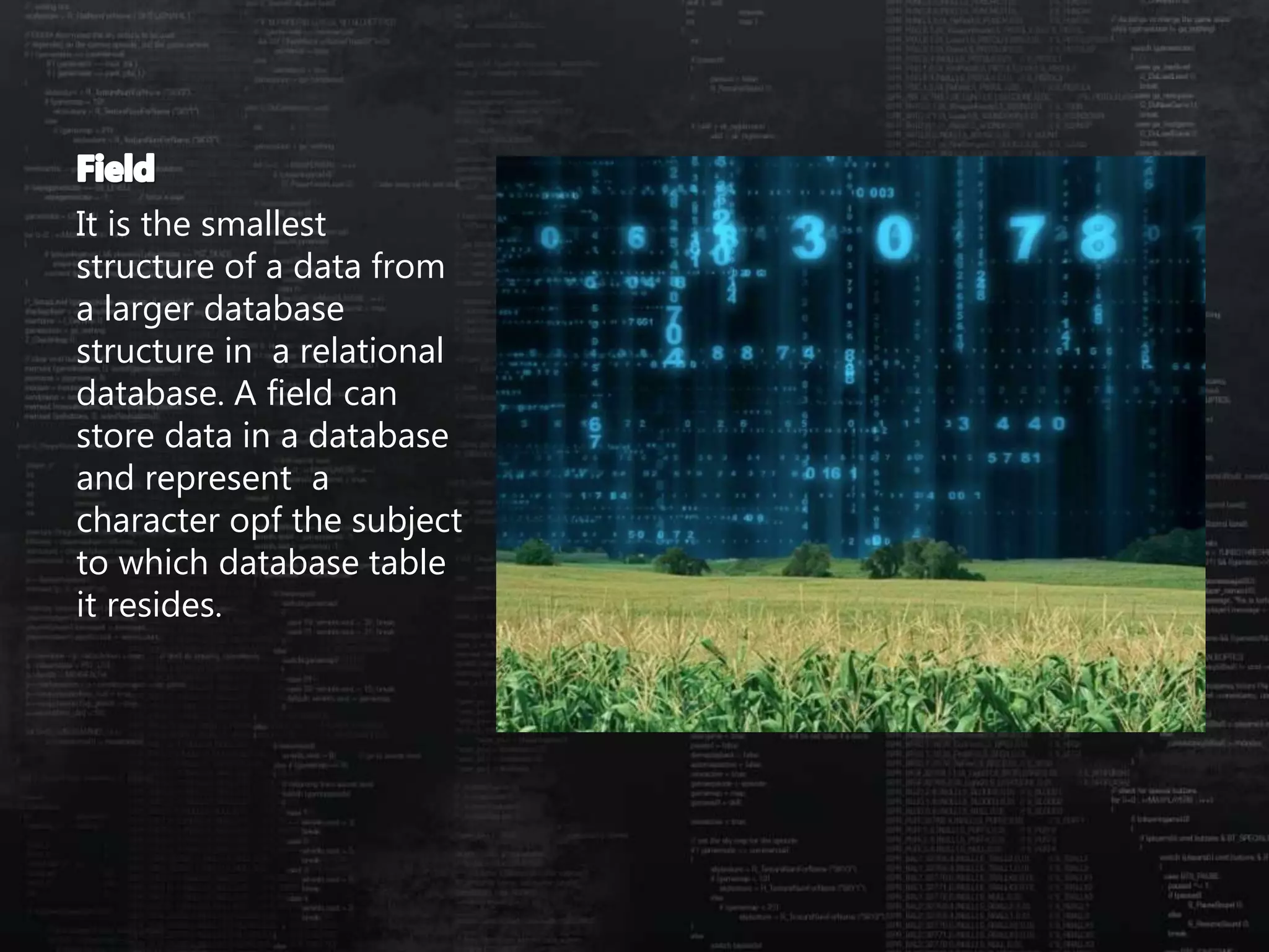 It is the smallest
structure of a data from
a larger database
structure in a relational
database. A field can
store data in a database
and represent a
character opf the subject
to which database table
it resides.
 