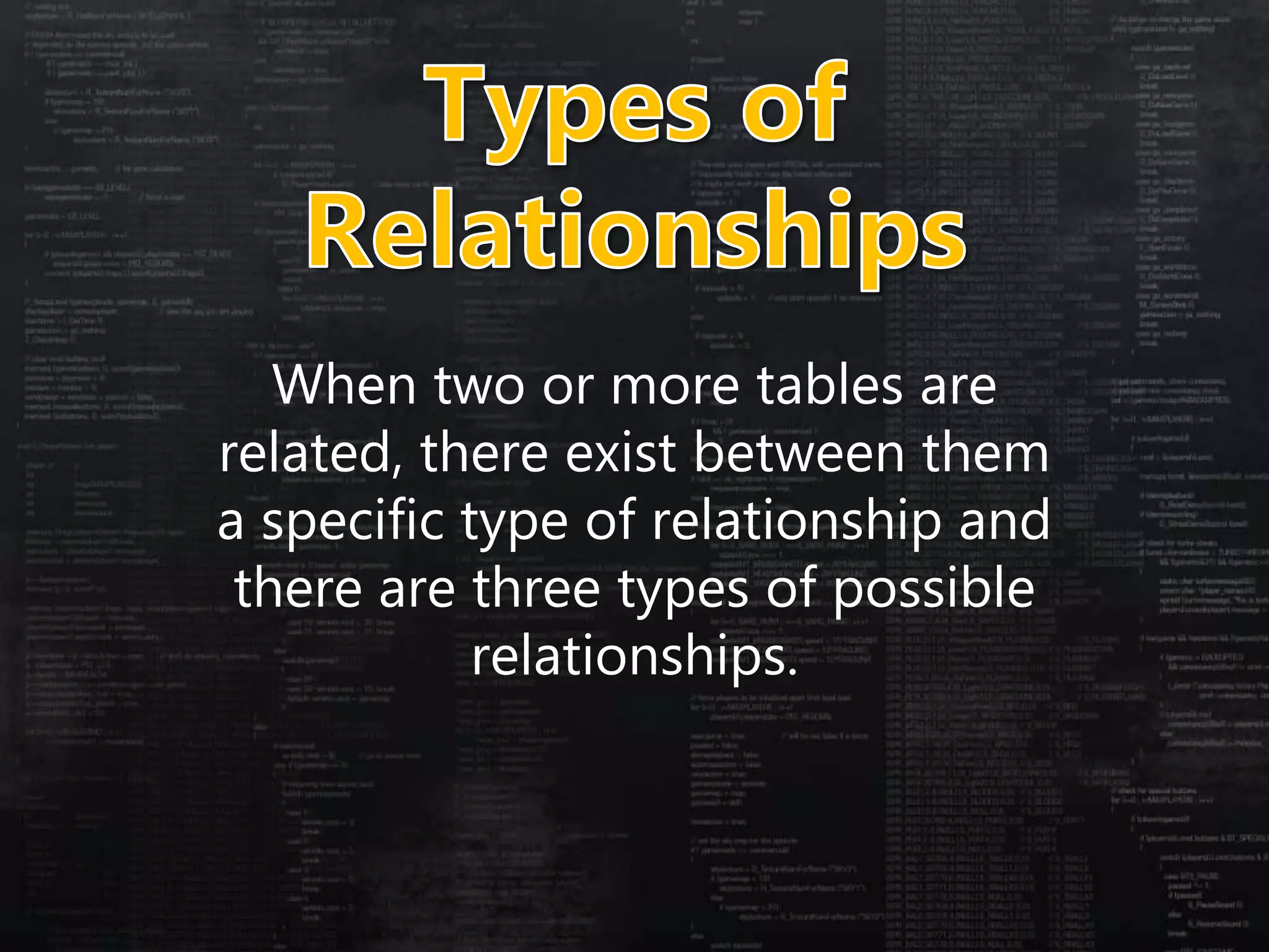 When two or more tables are
related, there exist between them
a specific type of relationship and
there are three types of possible
relationships.
 