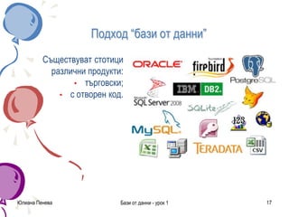 Юлиана Пенева Бази от данни - урок 1 17
Подход “бази от данни”
Съществуват стотици
различни продукти:
• търговски;
• с отворен код.
 