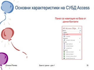 Основни характеристики на СУБД Access
Панел за навигация на база от
данни Контакти
Юлиана Пенева Бази от данни - урок 1 35
 