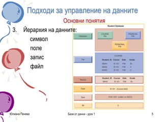 Подходи за управление на данните
Основни понятия
3. Йерархия на данните:
символ
поле
запис
файл
Юлиана Пенева Бази от данни - урок 1 5
 
