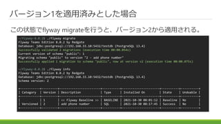 バージョン1を適用済みとした場合
この状態でflyway migrateを行うと、バージョン2から適用される。
~/flyway-8.0.2$ ./flyway migrate
Flyway Teams Edition 8.0.2 by Redgate
Database: jdbc:postgresql://192.168.33.10:5432/testdb (PostgreSQL 13.4)
Successfully validated 2 migrations (execution time 00:00.054s)
Current version of schema "public": 1
Migrating schema "public" to version "2 - add phone number"
Successfully applied 1 migration to schema "public", now at version v2 (execution time 00:00.075s)
~/flyway-8.0.2$ ./flyway info
Flyway Teams Edition 8.0.2 by Redgate
Database: jdbc:postgresql://192.168.33.10:5432/testdb (PostgreSQL 13.4)
Schema version: 2
+-----------+---------+-----------------------+----------+---------------------+----------+----------+
| Category | Version | Description | Type | Installed On | State | Undoable |
+-----------+---------+-----------------------+----------+---------------------+----------+----------+
| | 1 | << Flyway Baseline >> | BASELINE | 2021-10-30 08:01:12 | Baseline | No |
| Versioned | 2 | add phone number | SQL | 2021-10-30 08:17:45 | Success | No |
+-----------+---------+-----------------------+----------+---------------------+----------+----------+
 