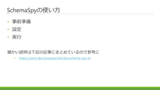 SchemaSpyの使い方
• 事前準備
• 設定
• 実行
細かい説明は下記の記事にまとめているので参考に
• https://zenn.dev/onozaty/articles/schema-spy-er
 