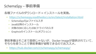 SchemaSpy – 事前準備
各種ファイルのダウンロード＋インストールを実施。
• https://schemaspy.readthedocs.io/en/latest/installation.html
• SchemaSpyのjarファイル入手
• Java8以降のインストール
• 対象のDBに応じたJDBCドライバの入手
• Graphvizのインストール(オプション)
事前準備はそこまで面倒じゃないが、Docker Imageが提供されていて、
そちらを使うことで事前準備が省略できるのでおススメ。
• https://hub.docker.com/r/schemaspy/schemaspy/
 
