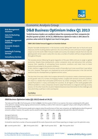 Economic Analysis Group
D&B Business Optimism Index Q1 2013
Turkish business leaders are confident about the economy and their companies for
the first quarter of 2013. At 54.22, D&B Business Optimism Index is 38% above its
previous value and at its highest ever level in two years.
D&B's 2013 Global Forecast Suggests an Uncertain Outlook
Despite favorable developments in the business world, falling debt levels due to fiscal and social
measures and the resulting relative optimism, the crisis of the euro zone continues to have a negative
impact across the world. D&B's forecast models and country risk analyses indicate that not only will
global growth remain weak in early 2013, but also a number of markets will face strong headwinds
throughout the year.
The recovery process following the great stagnation of the year 2008 continues to weigh on global
economies. Despite these developments, certain companies revise and restructure their activities,
improve their capability of anticipating future economic conditions and invest more to boost
productivity and adapt to the present conditions.
In fact, statistics suggest that the business world is financially much more sound than it was before
the crisis. However, these gains are shadowed by social and political pressures in the USA and the
world and by the interdependency of global economic actors.
The fact that China sees a fall in the European demand for its products creates a downward pressure
on the growth rates of a number of emerging markets. Coupled with domestic economic problems,
this lead to a weaker-than-anticipated performance by certain emerging markets, which in turn
caused fluctuations in many commodity-rich countries. As all regions of the world grappled with
different problems in 2012, enterprises strived to adapt themselves to a stagnant and long recovery
process. On the other hand, this situation helped enterprises brace themselves for the challenges and
risks which they could face in 2013 and beyond.
Paul Ballew
D&B Chief Economist
D&B Business Optimism Index (Q1 2013) stands at 54.22.
The Index went from 39 in the final quarter of 2012 to 54.22 in the first quarter of 2013. In our opinion, the reason underlying this 40% uptick
is the optimism underpinned by ongoing national economic stability, as well as Fitch’s decision to upgrade Turkey's credit rating from BB to the
investment grade of BBB-.
In previous quarters, Turkish business people were sanguine about the performance of their own companies, yet slightly gloomy about the general
economic outlook. However, this quarter saw this overall trend change, with business people generally optimistic about all indicators.
						 Q2	 Q3	 Q4	 Q1
Average of optimists				 %48	 %49	 %39	%54
Average of pessimists				 %8	 %11	 %18	%10
Average of those expecting no change			 %44	 %40	 %43	%36
It should be noted that a number of business people left the ranks of pessimists and of those expecting no change, to join the optimistic camp.
Q2 = second quarter 2012	 Q3 = third quarter 2012	 Q4 = fourth quarter 2012	 Q1 = first quarter 2013
Dun & Bradstreet Bilgi ve Danışmanlık A.Ş.
Sun Plaza B Blok Bilim Sok. No: 5 34398 Maslak İstanbul Türkiye
T +90 212 365 40 40 - 258 72 72 (pbx)
F +90 212 258 32 72 www.dnbturkey.com
Risk Management
Solutions
Sales & Marketing
Solutions
Supply Management
Solutions
Economic Analysis
Group
Learning & Training
Services
Consultancy Services
 