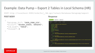 Copyright © 2019, Oracle and/or its affiliates. All rights reserved. |
Example: Data Pump – Export 2 Tables in Local Schema (HR)
{
"datapump_dir": "DATA_PUMP_DIR",
"filter": "HOCKEY_STATS, UNTAPPD",
"job_mode": "TABLE",
"threads": 2
}
POST BODY Response
 