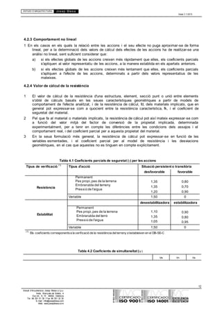 ESTUDI D’ARQUITECTURA Josep Blesa
Edició 2.11/2013
12
Estudi d’Arquitectura Josep Blesa s.l.p.u.
Avda. Marqués de Sotelo, 4
Esc.Int., 6, 15 46002, València
Tel. 96 351 01 39 / Fax 96 351 32 30
E-mail: info@josepblesa.com
Web: www.josepblesa.com
4.2.3 Comportament no lineal
1 En els casos en els quals la relació entre les accions i el seu efecte no puga aproximar-se de forma
lineal, per a la determinació dels valors de càlcul dels efectes de les accions ha de realitzar-se una
anàlisi no lineal, sent suficient considerar que:
a) si els efectes globals de les accions creixen més ràpidament que elles, els coeficients parcials
s'apliquen al valor representatiu de les accions, a la manera establida en els apartats anteriors.
b) si els efectes globals de les accions creixen més lentament que elles, els coeficients parcials
s'apliquen a l'efecte de les accions, determinats a partir dels valors representatius de les
mateixes.
4.2.4 Valor de càlcul de la resistència
1 El valor de càlcul de la resistència d'una estructura, element, secció punt o unió entre elements
s'obté de càlculs basats en les seues característiques geomètriques a partir de models de
comportament de l'efecte analitzat, i de la resistència de càlcul, fd, dels materials implicats, que en
general pot expressar-se com a quocient entre la resistència característica, fk, i el coeficient de
seguretat del material.
2 Pel que fa al material o materials implicats, la resistència de càlcul pot així mateix expressar-se com
a funció del valor mitjà del factor de conversió de la propietat implicada, determinada
experimentalment, per a tenir en compte les diferències entre les condicions dels assajos i el
comportament real, i del coeficient parcial per a aquesta propietat del material.
3 En la seua formulació més general, la resistència de càlcul pot expressar-se en funció de les
variables esmentades, i el coeficient parcial per al model de resistència i les desviacions
geomètriques, en el cas que aquestes no es tinguen en compte explícitament.
Tabla 4.1 Coeficients parcials de seguretat () per les accions
Tipus de verificació
(1)
Tipus d'acció Situació persistent o transitòria
desfavorable favorable
Resistència
Permanent
Pes propi,pes de la terrena
Embranzida del terreny
Pressióde l'aigua
1,35
1,35
1,20
0,80
0,70
0,90
Variable 1,50 0
Estabilitat
desestabilitzadora estabilitzadora
Permanent
Pes propi,pes de la terrena
Embranzida del terrè
Pressióde l'aigua
1,10
1,35
1,05
0,90
0,80
0,95
Variable 1,50 0
(1)
Els coeficients corresponentsa la verificació de la resistència delterreny s'estableixen en el DB-SE-C
Tabla 4.2 Coeficients de simultaneïtat (

0 1 2
 