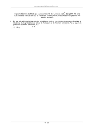 Documento Bàsic SE Seguridad Estructural
SE - 23
Figura C.2 Dominis de fallada per a un exemple amb dos funciones g1(X1, X2) i g2(X1, X2) amb
dues variables bàsiques X1 i X2. a) Fallada del sistema produït pel de una secció; b) Fallada d'un
sistema redundant
6 En una aplicació directa dels mètodes probabilistes explícits s'ha de demostrar que en el període de
referència, t0, la probabilitat de fallada de l'estructura o de l'element estructural, Pf, no supera la
probabilitat de fallada admissible, Pf ,0
Pf Pf ,0
(C.4)
 