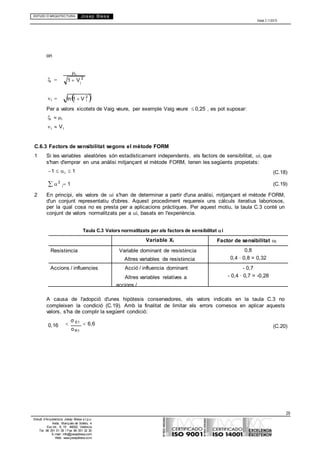 ESTUDI D’ARQUITECTURA Josep Blesa
Edició 2.11/2013
29
Estudi d’Arquitectura Josep Blesa s.l.p.u.
Avda. Marqués de Sotelo, 4
Esc.Int., 6, 15 46002, València
Tel. 96 351 01 39 / Fax 96 351 32 30
E-mail: info@josepblesa.com
Web: www.josepblesa.com
i
i
on
i 

i 

ln1 V 2

Per a valors xicotets de Vaig veure, per exemple Vaig veure 0,25 , es pot suposar:
i i
i Vi
C.6.3 Factors de sensibilitat segons el mètode FORM
1 Si les variables aleatòries són estadísticament independents, els factors de sensibilitat, i, que
s'han d'emprar en una anàlisi mitjançant el mètode FORM, tenen les següents propietats:
1 i 1
2
1
(C.18)
(C.19)
2 En principi, els valors de i s'han de determinar a partir d'una anàlisi, mitjançant el mètode FORM,
d'un conjunt representatiu d'obres. Aquest procediment requereix uns càlculs iteratius laboriosos,
per la qual cosa no es presta per a aplicacions pràctiques. Per aquest motiu, la taula C.3 conté un
conjunt de valors normalitzats per a i, basats en l'experiència.
Taula C.3 Valors normalitzats per als factors de sensibilitat i
Variable Xi Factor de sensibilitat i
Resistència Variable dominant de resistència
Altres variables de resistència
0,8
0,4 · 0,8 = 0,32
Accions / influencies Acció / influencia dominant
Altres variables relatives a
accions /
influències
- 0,7
- 0,4 · 0,7 = -0,28
A causa de l'adopció d'unes hipòtesis conservadores, els valors indicats en la taula C.3 no
compleixen la condició (C.19). Amb la finalitat de limitar els errors comesos en aplicar aquests
valors, s'ha de complir la següent condició:
0,16 
σ E1
6,6
oR1
(C.20)
i
1 V 2
i
 