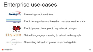 Enterprise use-cases
11
Preventing credit card fraud
Predict energy demand based on massive weather data
Predict player churn, predicting network outages
Natural language processing to extract author graph
Generating tailored programs based on big data
 