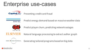 Enterprise use-cases
11
Preventing creditcard fraud
Predictenergy demand based on massiveweather data
Predictplayer churn,...