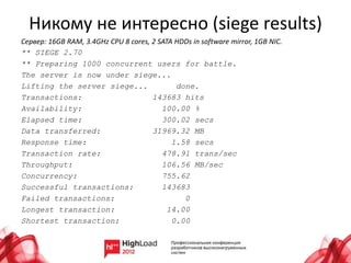 Никому не интересно (siege results)
Сервер: 16GB RAM, 3.4GHz CPU 8 cores, 2 SATA HDDs in software mirror, 1GB NIC.
** SIEGE 2.70
** Preparing 1000 concurrent users for battle.
The server is now under siege...
Lifting the server siege... done.
Transactions: 143683 hits
Availability: 100.00 %
Elapsed time: 300.02 secs
Data transferred: 31969.32 MB
Response time: 1.58 secs
Transaction rate: 478.91 trans/sec
Throughput: 106.56 MB/sec
Concurrency: 755.62
Successful transactions: 143683
Failed transactions: 0
Longest transaction: 14.00
Shortest transaction: 0.00
 