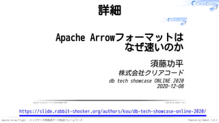 Apache Arrow Flight - ビッグデータ用高速データ転送フレームワーク Powered by Rabbit 3.0.2
詳細
Apache Arrowフォーマットはなぜ速いのか Powered by Rabbit 3.0.1
Apache Arrowフォーマットは
なぜ速いのか
須藤功平
株式会社クリアコード
db tech showcase ONLINE 2020
2020-12-08
https://slide.rabbit-shocker.org/authors/kou/db-tech-showcase-online-2020/
 