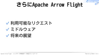 Apache Arrow Flight - ビッグデータ用高速データ転送フレームワーク Powered by Rabbit 3.0.2
さらにApache Arrow Flight
利用可能なリクエスト
✓
ミドルウェア
✓
将来の展望
✓
 