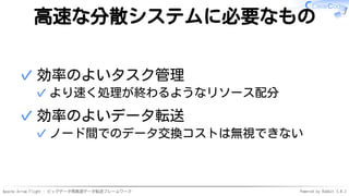 Apache Arrow Flight - ビッグデータ用高速データ転送フレームワーク Powered by Rabbit 3.0.2
高速な分散システムに必要なもの
効率のよいタスク管理
より速く処理が終わるようなリソース配分
✓
✓
効率のよいデータ転送
ノード間でのデータ交換コストは無視できない
✓
✓
 