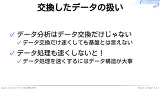Apache Arrowフォーマットはなぜ速いのか Powered by Rabbit 3.0.1
交換したデータの扱い
データ分析はデータ交換だけじゃない
データ交換だけ速くしても基盤とは言えない✓
✓
データ処理も速くしないと！
データ処理を速くするにはデータ構造が大事✓
✓
 