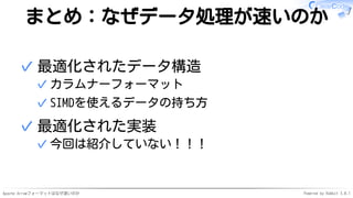 Apache Arrowフォーマットはなぜ速いのか Powered by Rabbit 3.0.1
まとめ：なぜデータ処理が速いのか
最適化されたデータ構造
カラムナーフォーマット✓
SIMDを使えるデータの持ち方✓
✓
最適化された実装
今回は紹介していない！！！✓
✓
 