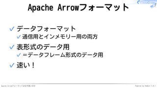 Apache Arrowフォーマットはなぜ速いのか Powered by Rabbit 3.0.1
Apache Arrowフォーマット
データフォーマット
通信用とインメモリー用の両方✓
✓
表形式のデータ用
＝データフレーム形式のデータ用✓
✓
速い！✓
 