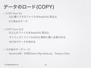 18Ⓒ Classmethod, Inc.
データのロード(COPY)
COPY from S3
- S3に置いてそのファイルをRedshiftに取込む
- ETL済みのデータ
COPY from EC2
- EC2上のファイルをRedshiftに取込む
- マニフェストファイルはS3に事前に置く必要がある
- VPC内でデータを渡せる
その他のデータソース
- DynamoDB、EMR(Elastic Map Reduce)、Treasure Data
 