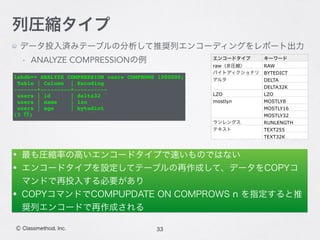 33Ⓒ Classmethod, Inc.
列圧縮タイプ
データ投入済みテーブルの分析して推奨列エンコーディングをレポート出力
- ANALYZE COMPRESSIONの例 エンコードタイプ キーワード
raw（非圧縮） RAW
バイトディクショナリ BYTEDICT
デルタ DELTA
DELTA32K
LZO LZO
mostlyn MOSTLY8
MOSTLY16
MOSTLY32
ランレングス RUNLENGTH
テキスト TEXT255
TEXT32K
labdb=> ANALYZE COMPRESSION users COMPROWS 1000000;
Table | Column | Encoding
-------+---------+----------
users | id | delta32
users | name | lzo
users | age | bytedict
(3 行)
最も圧縮率の高いエンコードタイプで速いものではない
エンコードタイプを設定してテーブルの再作成して、データをCOPYコ
マンドで再投入する必要があり
COPYコマンドでCOMPUPDATE ON COMPROWS n を指定すると推
奨列エンコードで再作成される
 