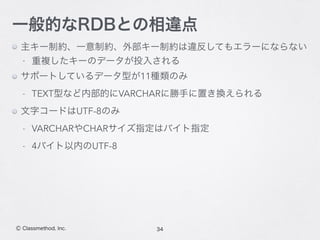 34Ⓒ Classmethod, Inc.
一般的なRDBとの相違点
主キー制約、一意制約、外部キー制約は違反してもエラーにならない
- 重複したキーのデータが投入される
サポートしているデータ型が11種類のみ
- TEXT型など内部的にVARCHARに勝手に置き換えられる
文字コードはUTF-8のみ
- VARCHARやCHARサイズ指定はバイト指定
- 4バイト以内のUTF-8
 