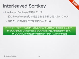 42Ⓒ Classmethod, Inc.
Interleaved Sortkey
Interleaved Sortkeyが有効なケース
– どのキーがWHERE句で指定されるか絞り切れないケース
– 複数キーのAND条件で検索されるケース
データマートのテーブルにINTERLEAVED SORTKEYを指定することで、
M-OLAP(Multi Dementional OLAP)ほどの重い事前集計が不要で、
M-OLAPのような高速かつ柔軟なデータディスカバリが実現
 