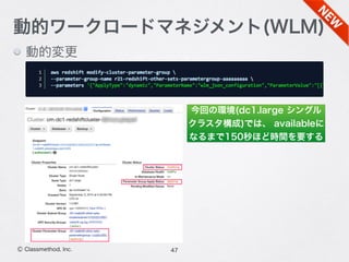 動的変更
47Ⓒ Classmethod, Inc.
動的ワークロードマネジメント(WLM)
今回の環境(dc1.large シングル
クラスタ構成)では、 availableに
なるまで150秒ほど時間を要する
 