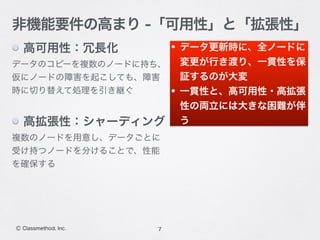 高可用性：冗長化
データのコピーを複数のノードに持ち、
仮にノードの障害を起こしても、障害
時に切り替えて処理を引き継ぐ
高拡張性：シャーディング
複数のノードを用意し、データごとに
受け持つノードを分けることで、性能
を確保する
7Ⓒ Classmethod, Inc.
非機能要件の高まり -「可用性」と「拡張性」
データ更新時に、全ノードに
変更が行き渡り、一貫性を保
証するのが大変
一貫性と、高可用性・高拡張
性の両立には大きな困難が伴
う
 
