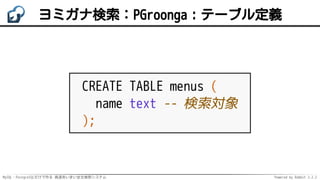 MySQL・PostgreSQLだけで作る 高速あいまい全文検索システム Powered by Rabbit 2.2.2
ヨミガナ検索：PGroonga：テーブル定義
CREATE TABLE menus (
name text -- 検索対象
);
 