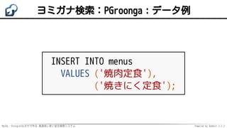 MySQL・PostgreSQLだけで作る 高速あいまい全文検索システム Powered by Rabbit 2.2.2
ヨミガナ検索：PGroonga：データ例
INSERT INTO menus
VALUES ('焼肉定食'),
('焼きにく定食');
 