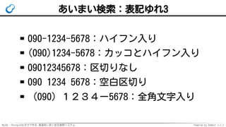 MySQL・PostgreSQLだけで作る 高速あいまい全文検索システム Powered by Rabbit 2.2.2
あいまい検索：表記ゆれ3
090-1234-5678：ハイフン入り
(090)1234-5678：カッコとハイフン入り
09012345678：区切りなし
090 1234 5678：空白区切り
（090）１２３４ー5678：全角文字入り
 