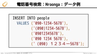 MySQL・PostgreSQLだけで作る 高速あいまい全文検索システム Powered by Rabbit 2.2.2
電話番号検索：Mroonga：データ例
INSERT INTO people
VALUES ('090-1234-5678'),
('(090)1234-5678'),
('09012345678'),
('090 1234 5678'),
('（090）１２３４ー5678');
 