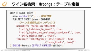 MySQL・PostgreSQLだけで作る 高速あいまい全文検索システム Powered by Rabbit 2.2.2
ワイン名検索：Mroonga：テーブル定義
CREATE TABLE wines (
name varchar(255), -- 検索対象
FULLTEXT INDEX (name) COMMENT
-- ワイン名検索対応インデックス
'normalizer "NormalizerNFKC100(
'unify_katakana_bu_sound', true,
'unify_hyphen_and_prolonged_sound_mark', true,
'unify_middle_dot', true)",
tokenizer "TokenNgram('loose_symbol', true,
'loose_blank', true)"'
) ENGINE=Mroonga DEFAULT CHARSET=utf8mb4;
 
