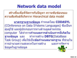 Network data model
   สร้างขึ้นเพื่อที่จัดการกับปัญหา ความซับซ้อนของ
ความสัมพันธ์ที่เกิดจาก Hierarchical data model
          มาตรฐานฐานข้อมูล กำาหนดโดย CODASYL
(COnference on Data SYstems Languages) ซึงเป็นก
                                            ่
ลุ่มผูใช้ และผูประกอบการทางด้านอุตสาหกรรม
      ้        ้
computer ได้ทำาการกำาหนดการดำาเนินการที่เกิดใน
ฐานข้อมูล และ       ทำาการสร้าง DBTG(DataBase
Task Group) เพื่อใช้เป็นข้อกำาหนดมาตรฐาน ที่ชวยใน
                                              ่
การอำานวยความสะดวกในการสร้าง       และการจัดการ
ข้อมูลในฐานข้อมูล


                                                    Db02-18
 
