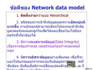 ข้อดีของ Network data model
      1. ติดตังง่ายกว่าแบบ Hierarchical
              ้
      2. ชนิดของการเข้าถึงข้อมูลและความยืดหยุ่นมี
มากขึน งานประยุกต์สามารถเขียนโปรแกรมเข้าถึงข้อ
      ้
มูลเรคอร์ทแม่และลูกในเซ็ตได้และเชือมโยงไปยังเร
                                  ่
คอร์ทที่เกียวข้องได้
           ่
       3. มีความคงสภาพข้อมูล(Data Integrity)
เนื่องจากต้องกำาหนด เรคอร์ทแม่ก่อนกำาหนดเรคอร์
ทลูก
      4. มีความอิสระข้อมูลอย่างเพียงพอ เพื่อที่จะ
แยกโปรแกรมออกจากหน่วยเก็บข้อมูลทางกายภาพที่
ซับซ้อน นั่นคือเมื่อมีการเปลี่ยนแปลงลักษณะข้อมูล ก็
                                                      Db02-21
 