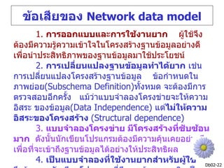 ข้อเสียของ Network data model
        1. การออกแบบและการใช้งานยาก ผู้ใช้จึง
ต้องมีความรู้ความเข้าใจในโครงสร้างฐานข้อมูลอย่างดี
เพื่อนำาประสิทธิภาพของฐานข้อมูลมาใช้ประโยชน์
        2. การเปลี่ยนแปลงฐานข้อมูลทำาได้ยาก เช่น
การเปลี่ยนแปลงโครงสร้างฐานข้อมูล ข้อกำาหนดใน
ภาพย่อย(Subschema Definition)ทั้งหมด จะต้องมีการ
ตรวจสอบอีกครั้ง แม้ว่าแบบจำาลองโครงข่ายจะให้ความ
อิสระ ของข้อมูล(Data Independence) แต่ไม่ให้ความ
อิสระของโครงสร้าง (Structural dependence)
        3. แบบจำาลองโครงข่าย มีโครงสร้างที่ซับซ้อน
มาก ดังนั้นนักเขียนโปรแกรมต้องมีความคุ้นเคยอย่างดี
เพื่อที่จะเข้าถึงฐานข้อมูลได้อย่างให้ประสิทธิผล
        4. เป็นแบบจำาลองที่ใช้งานยากสำาหรับผู้ใช้ Db02-22
 