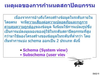 เหตุผลของการกำาหนดสถาปัตยกรรม

        เนื่องจากการอ้างถึงโครงสร้างข้อมูลในระดับภายใน
โดยตรง จะมีความเสี่ยงต่อความปลอดภัยและกฎการ
ควบคุมความถูกต้องของข้อมูล จึงนิยมใช้การแปลงรูปซึง   ่
เป็นการแปลงมุมมองของผูใช้ในระดับสถาปัตยกรรมที่สูง
                            ้
กว่ามาใช้มองโครงสร้างของข้อมูลในระดับที่ตำ่ากว่า โดย
เริ่มทำาการแบ่ง schema ออกเป็น 2 ประเภท ดังนี้

         • Schema (System view)
         • Subschema (user view)



                                                     Db02-9
 