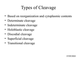 Types of Cleavage
• Based on reorganization and cytoplasmic contents
• Determinate cleavage
• Indeterminate cleavage
• Holoblastic cleavage
• Discodial cleavage
• Superficial cleavage
• Transitional cleavage
17/09/2024
 