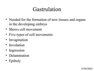Gastrulation
• Needed for the formation of new tissues and organs
in the developing embryo
• Shows cell movement
• Five types of cell movements
• Invagination
• Involution
• Ingression
• Delamination
• Epiboly
17/09/2024
 