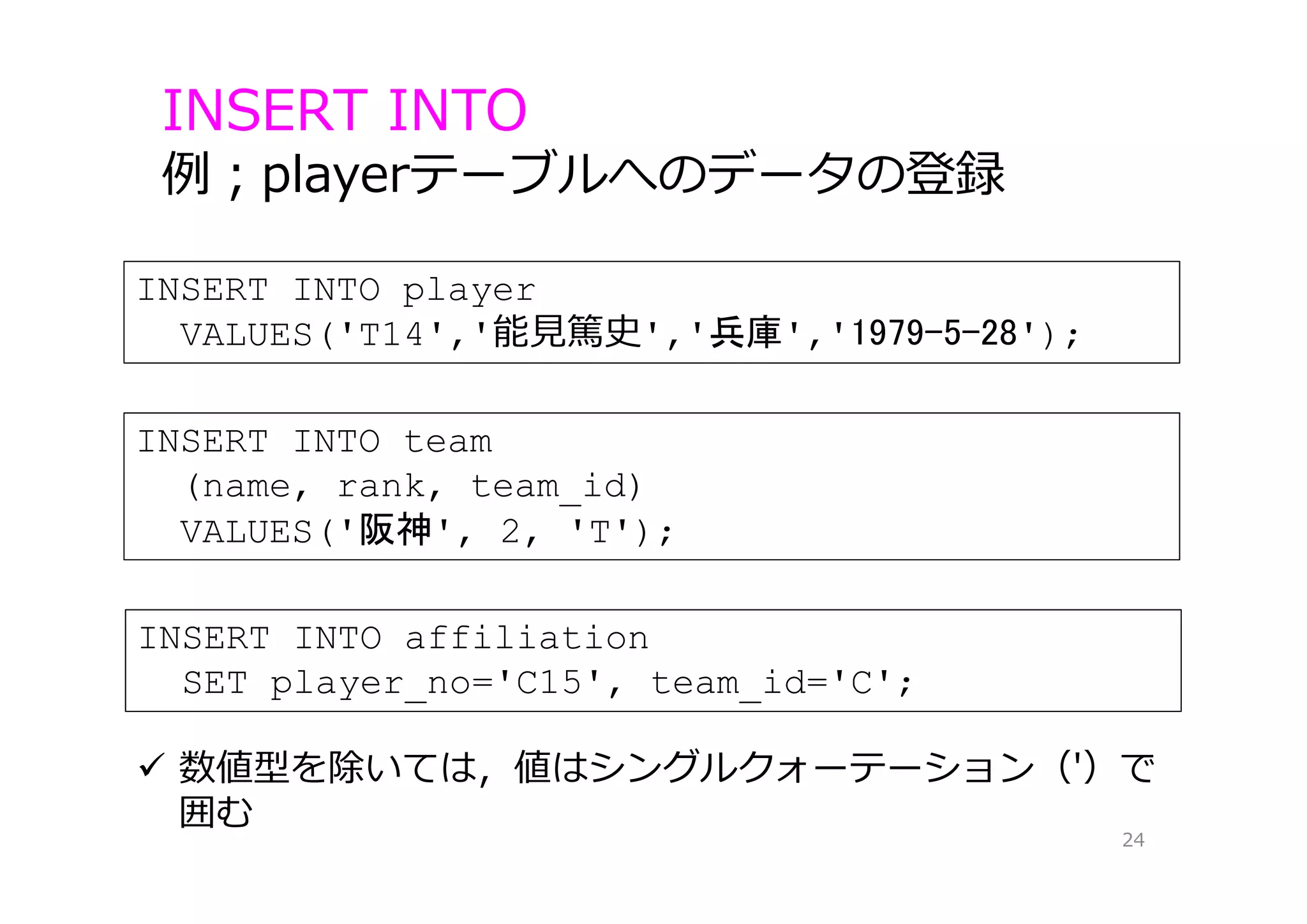 INSERT INTO player
VALUES('T14','能⾒篤史','兵庫','1979-5-28');
INSERT INTO
例；playerテーブルへのデータの登録
24
INSERT INTO team
(name, rank, team_id)
VALUES('阪神', 2, 'T');
INSERT INTO affiliation
SET player_no='C15', team_id='C';
 数値型を除いては，値はシングルクォーテーション（'）で
囲む
 