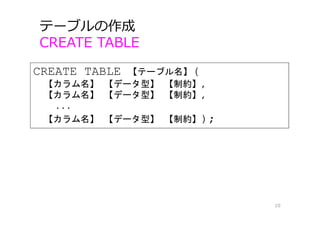 テーブルの作成
CREATE TABLE
10
CREATE TABLE 【テーブル名】(
【カラム名】 【データ型】 【制約】,
【カラム名】 【データ型】 【制約】,
...
【カラム名】 【データ型】 【制約】);
 
