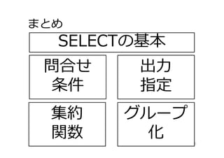 まとめ
35
問合せ
条件
SELECTの基本
出⼒
指定
集約
関数
グループ
化
 