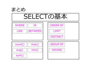 まとめ
36
SELECTの基本
WHERE
LIKE BETWEEN
IN ORDER BY
LIMIT
DISTINCT
count()
avg()
sum()
max()
min()
GROUP BY
HAVING
 