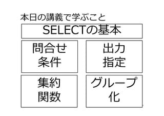 本⽇の講義で学ぶこと
4
問合せ
条件
SELECTの基本
出⼒
指定
集約
関数
グループ
化
 