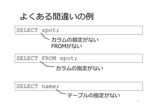 SELECT spot;
よくある間違いの例
9
カラムの指定がない
FROMがない
SELECT FROM spot;
カラムの指定がない
SELECT name;
テーブルの指定がない
 