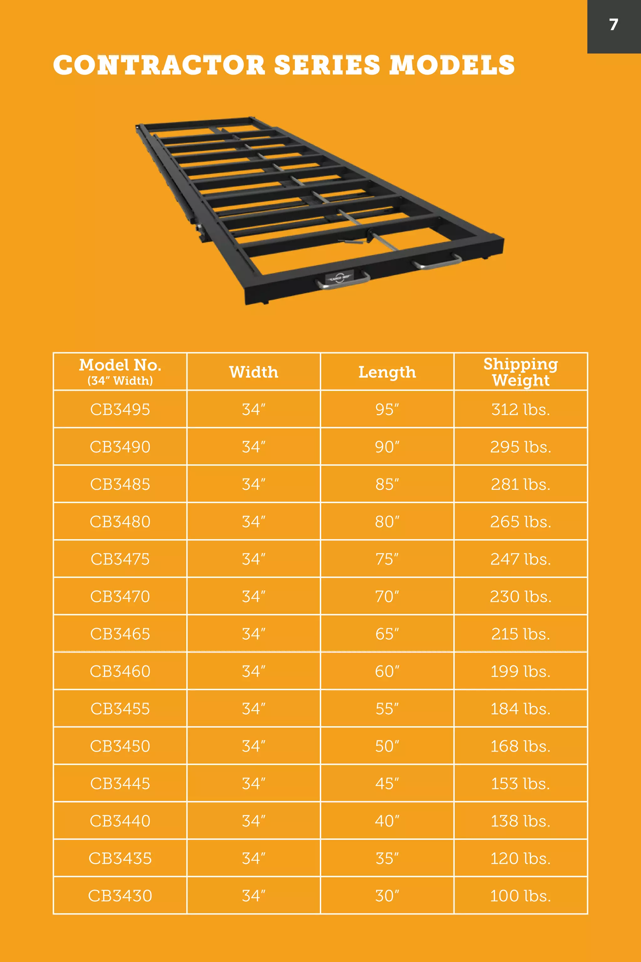 7
CONTRACTOR SERIES MODELS
Model No.
(34” Width)
Width Length
Shipping
Weight
CB3495 34” 95” 312 lbs.
CB3490 34” 90” 295 lbs.
CB3485 34” 85” 281 lbs.
CB3480 34” 80” 265 lbs.
CB3475 34” 75” 247 lbs.
CB3470 34” 70” 230 lbs.
CB3465 34” 65” 215 lbs.
CB3460 34” 60” 199 lbs.
CB3455 34” 55” 184 lbs.
CB3450 34” 50” 168 lbs.
CB3445 34” 45” 153 lbs.
CB3440 34” 40” 138 lbs.
CB3435 34” 35” 120 lbs.
CB3430 34” 30” 100 lbs.
 